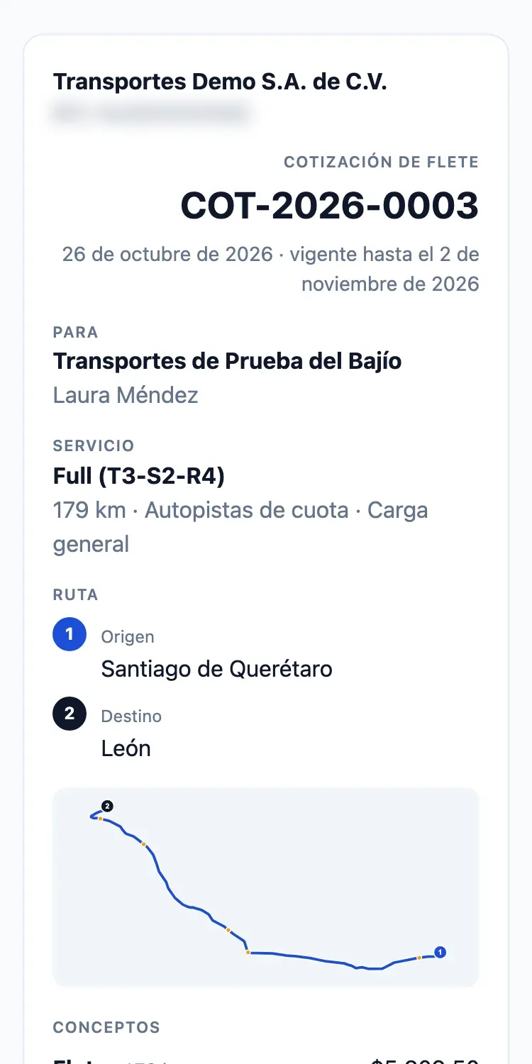Cotización abierta en un celular con los datos de la empresa, el folio, la ruta y el total